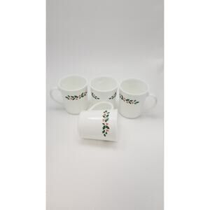 4 Corning Winter Holly Mugs, Milk Glass Corelle Cups, Berries White Stem